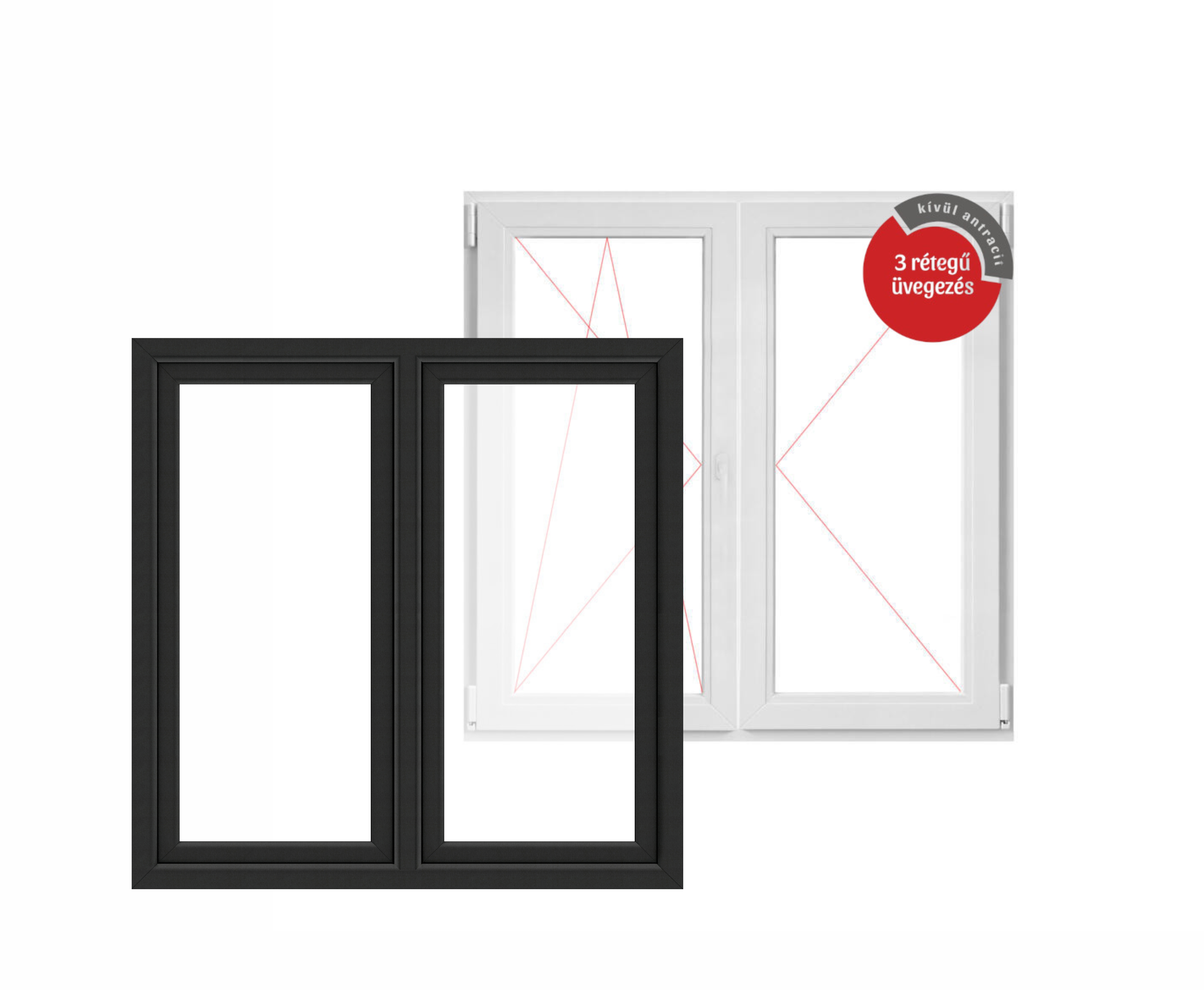 150x150 cm, műanyag középen felnyíló/bukó-nyíló ablak, balos, kívül antracit